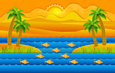 Fototapeta na wymiar Paper art cut out style summer landscape with sea waves, sand islands and palms. Retro vector illustration. Fish, sun, mountains. Tropic nature background.