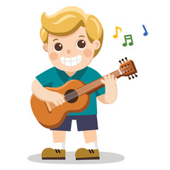 A cheerful boy playing guitar and singing happily.