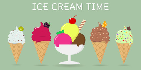 A set of five different sweet ice cream on a background with text. Flat style, vector illustration.