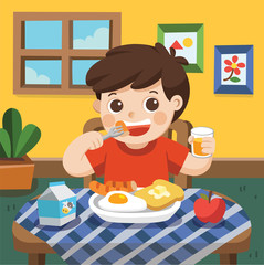 A Little boy happy to eat breakfast in the morning.