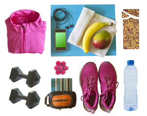 items for workout or exercise on white background