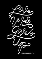 Hand Lettered Love Never Gives Up. Handwritten Inspirational Motivational Quote. Christian Poster