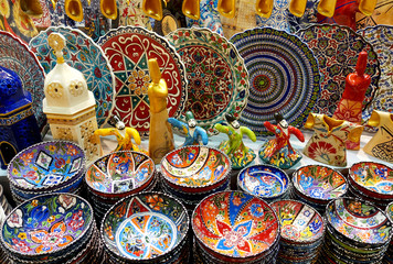 Traditional colorful ceramic plates and souvenirs. Turkish gift shop.