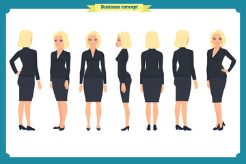 Obraz premium Set of young businesswoman presenting in different poses.People character. Standing, Woman body template for design, presentations work.Isolated on white. Flat style.business