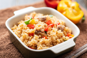 Fried rice with vegetables and pork, Asian cuisine