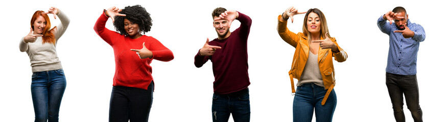 Group of cool people, woman and man confident and happy showing hands to camera, composing and framing gesture