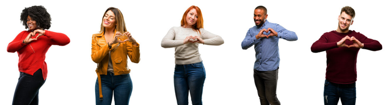 Group of cool people, woman and man happy showing love with hands in heart shape expressing healthy and marriage symbol