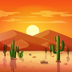 Desert landscape with cactuses on the sunset background