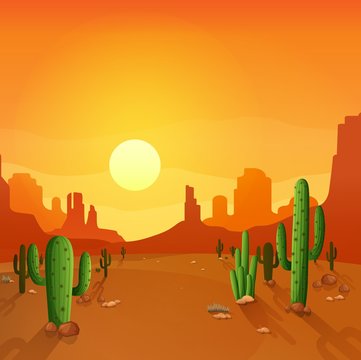 Desert landscape with cactuses on the sunset background