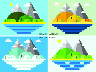 Natural all seasons landscape with sea, beach, hills, trees and mountains (Summer, Autumn, Winter, Spring), modern flat design conceptual style. Vector illustration. - 204044710