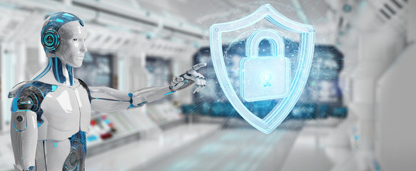 White man humanoid using web security 3D rendering