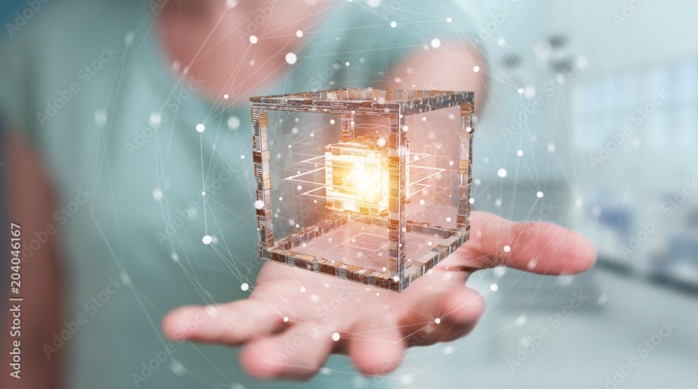 Poster Businesswoman using futuristic cube textured object 3D rendering