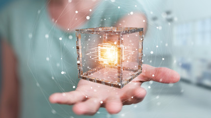 Businesswoman using futuristic cube textured object 3D rendering