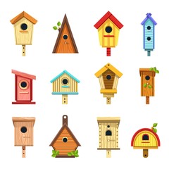 Wooden birdhouses of creative design to hang on tree set