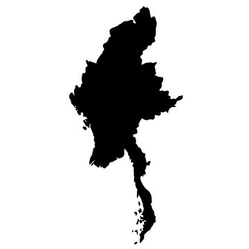 black silhouette country borders map of Myanmar on white background. Contour of state. Vector illustration
