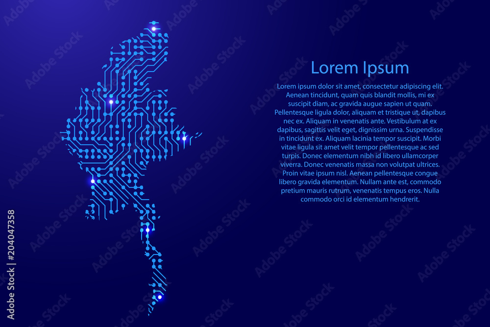 Fototapete map myanmar from printed board, chip and radio component with blue star space on the contour for ban