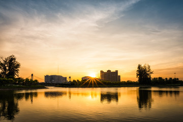 Fototapeta na wymiar Sunset with lake in Public Park landscape