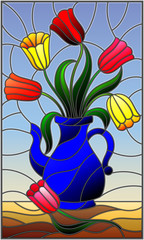 Illustration in stained glass style with still life, blue jug with colorful tulips