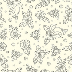 Fototapeta premium Seamless pattern with colorful bees and flowers ,dark outlines on light background