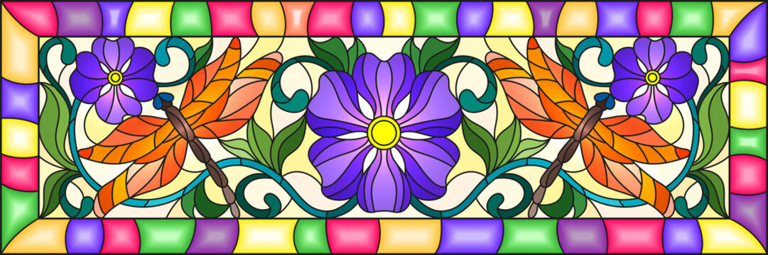Illustration in stained glass style with bright orange  dragonflyes , floral ornament and purple  flowers on a yellow background in a bright frame 