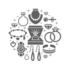 Jewelry shop, diamond accessories banner illustration. Vector silhouette icons of jewels gold watches, engagement rings, earrings, silver necklaces, charms, brilliants. Fashion store circle template.