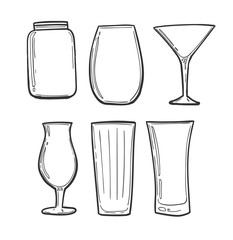 Glasses set. Sketch glasses in black strokes. To design a cocktail card or menu restaurant.