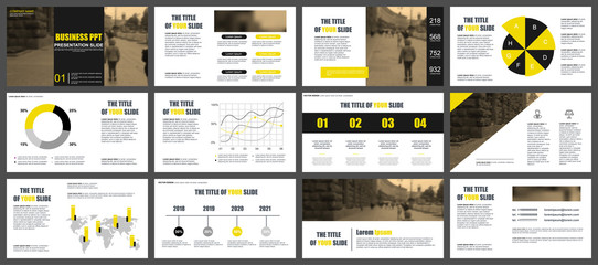 Naklejka na ściany i meble Yellow and black business presentation slides templates from infographic elements.