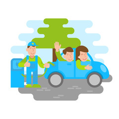 Obraz na płótnie Canvas electro car refueling with happy people 
