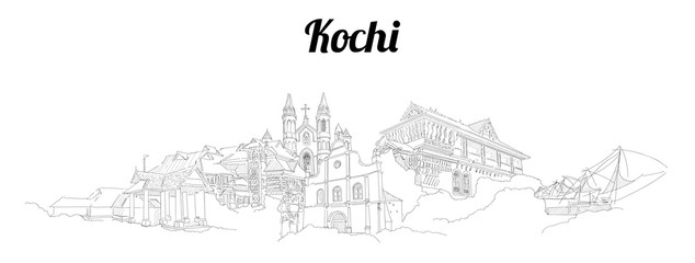 Kochi city vector panoramic hand drawing sketch illustration