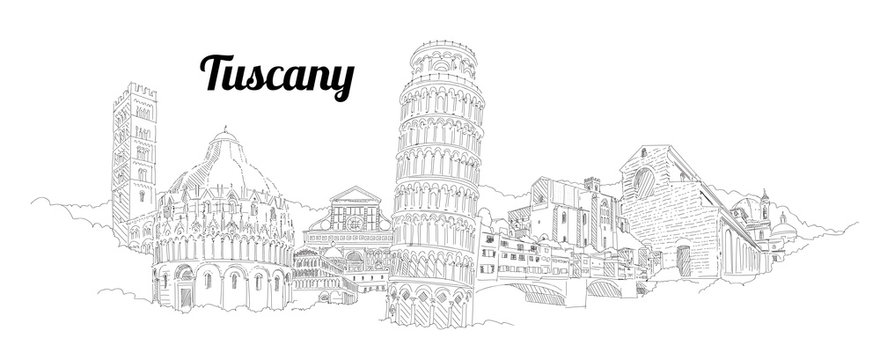 Pisa city panoramic vector hand drawing artwork