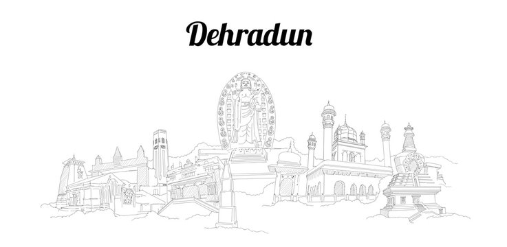 Dehradun city vector panoramic hand drawing sketch illustration