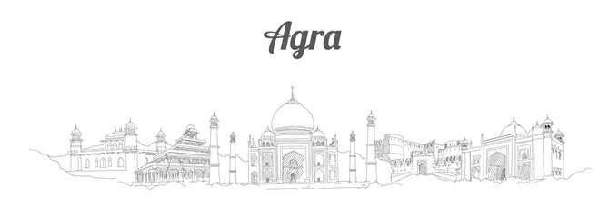 AGRA city panoramic vector hand drawing artwork - obrazy, fototapety, plakaty