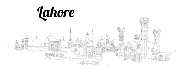 LAHORE city hand drawing panoramic sketch illustration - obrazy, fototapety, plakaty