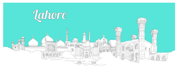 Naklejka premium LAHORE city hand drawing panoramic sketch illustration