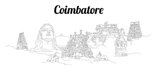 Coimbatore city vector panoramic hand drawing sketch illustration