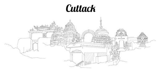 Cuttack city vector panoramic hand drawing sketch illustration