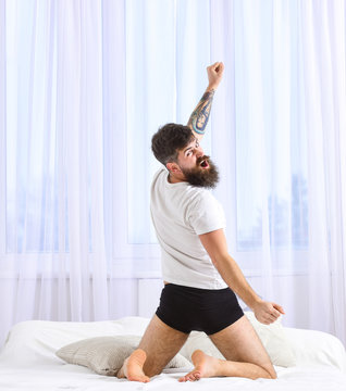 Good morning concept. Man in shirt sits on bed, white curtains on background, rear view. Guy yawning and stretching arm, full of energy in morning. Macho with beard stretching, relaxing after nap.