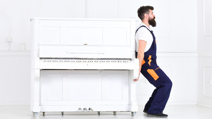 Loader moves piano instrument. Man with beard and mustache, worker in overalls lifts up piano, white background. Courier delivers furniture in case of move out, relocation. Delivery service concept. © be free