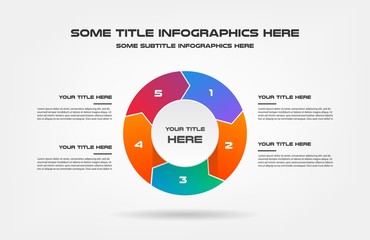 Pie chart of percentage infographics. Element of graph, diagram with 5 options - parts, processes, timeline. Vector business template for presentation, workflow layout, annual report