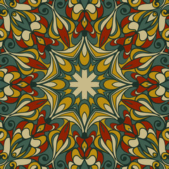 Vector square concentric motif in the style of traditional Eastern mandalas. Restrained natural shades of brown and green in the style of Celtic ornaments.