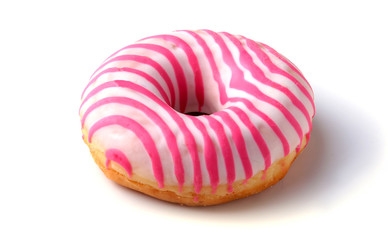Assorted doughnuts in the glaze, colorful sprinkles and nuts on a white background.