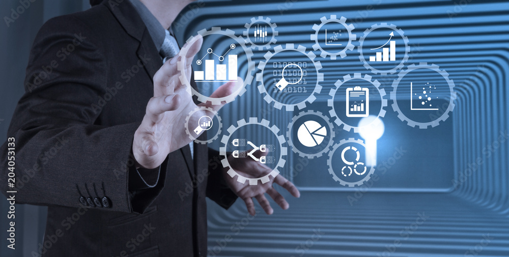 Poster businessman touching finance chart and graph virtual icons for investment strategy concept.