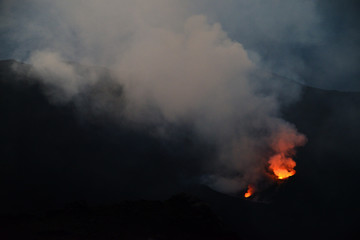Spectacular eruption of Volcano Stromboli during sunset, Aeolian Islands, Sicily, Italy