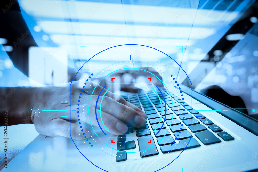 Poster double exposure of businessman hand working with business documents on office table with laptop comp
