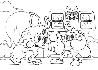 Boxing Monsters. A Coloring Book Page. A Line Art With Background.