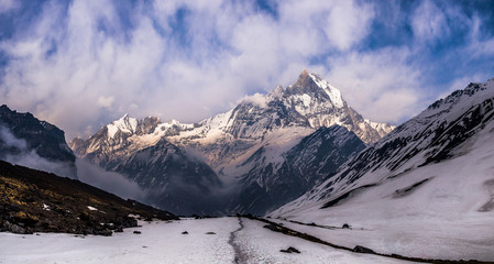 Panorama View of Mount Machapuchare (Fishtail) from Annapurna base camp (ABC), Himalaya, Nepal