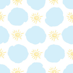 Seamless pattern from the yellow sun and blue clouds. Colorful background.