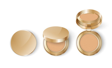 Ads template mockup realistic cosmetic makeup cheek blush compact or face concealer powder in gold a pack on a white background.