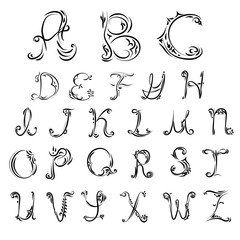 Vector line decorative font. Latin alphabet from ancient contour letters.