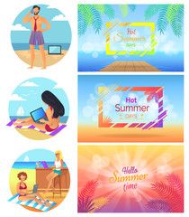 Naklejka premium Hello Hot Summer Days Set Vector Illustration